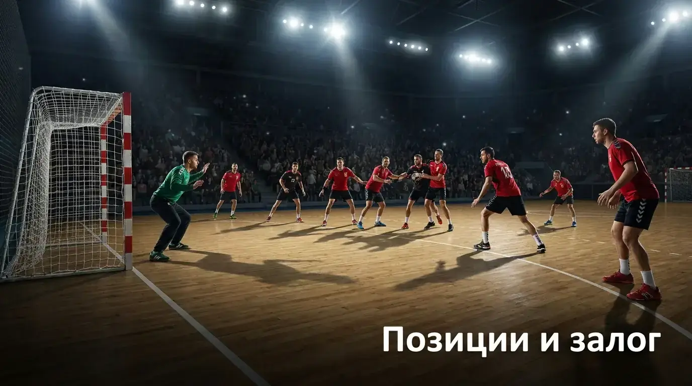 Хандбален отбор с играчи на различни позиции на терена