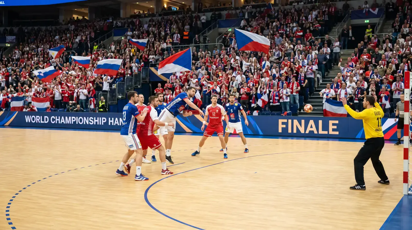 Мач от световно първенство по хандбал с национални отбори и пълни трибуни
