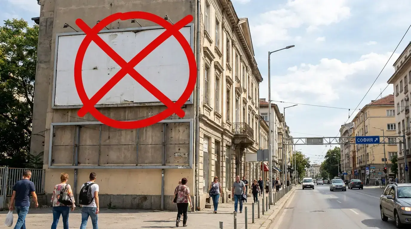 Зачертан рекламен билборд — символ на забраната за реклама на хазарт в България